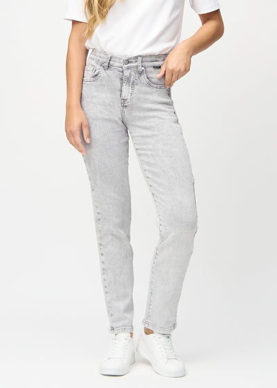 Light grey denim regular jeans, model name Ashes, with a straight leg, seen from the front.
