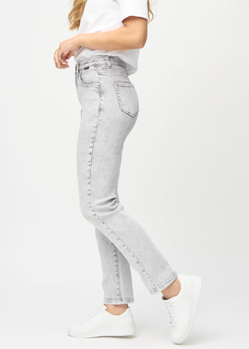 Regular jeans for women in light grey, color Ashes. Side view on a model.