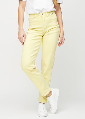 Light yellow regular jeans, model name Lemonades, which go straight down the leg, seen from the front.