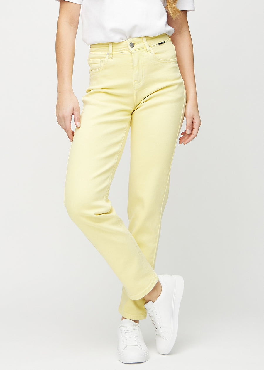 Light yellow regular jeans, model name Lemonades, which go straight down the leg, seen from the front.
