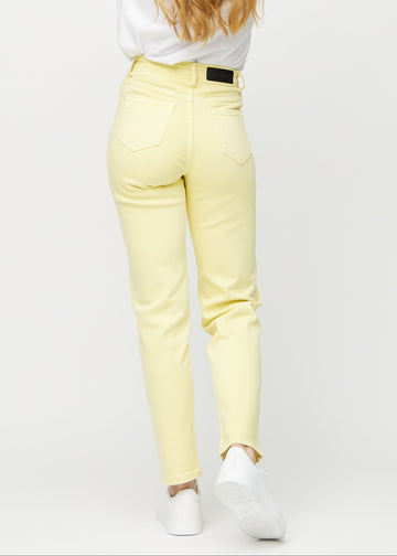 Light yellow regular jeans seen from the back, so the entire product can be seen.