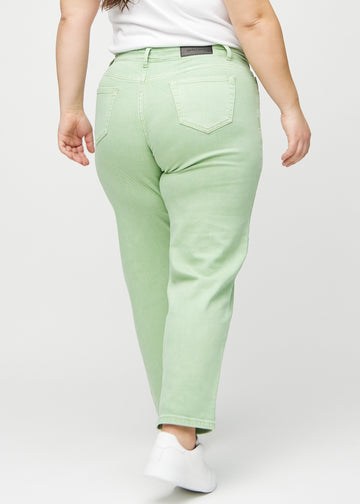 Regular jeans for women in light green, color Mints. Back view on a plus-size model, showing the full fit.