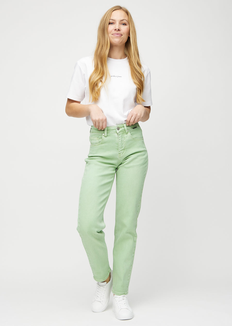 Regular jeans for women in light green, color Mints. Full-length view of a model wearing the jeans.