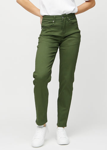 Regular jeans for women in dark green, color Renewals. Front view on a model, showing the classic straight-leg fit.