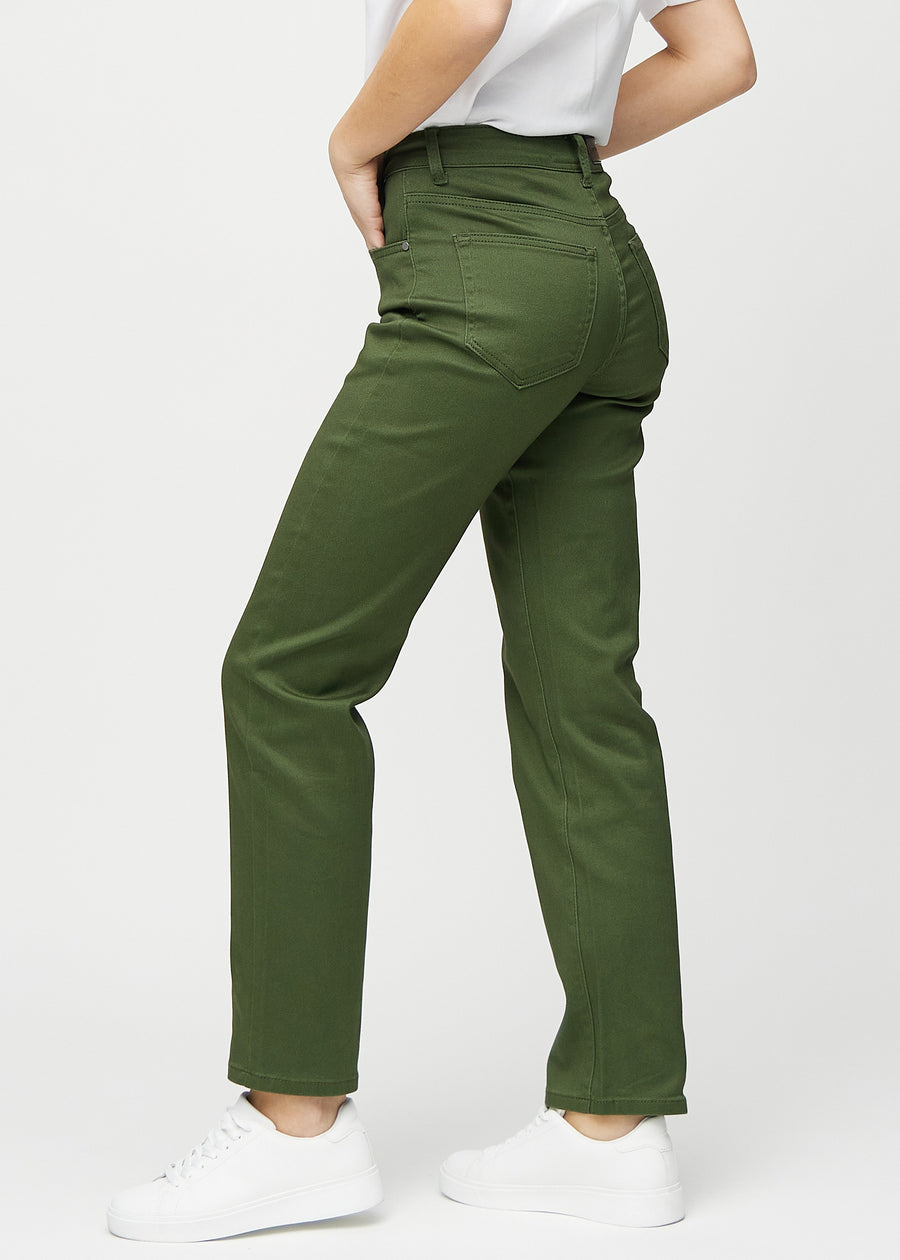 Regular jeans for women in dark green, color Renewals. Side view on a model.