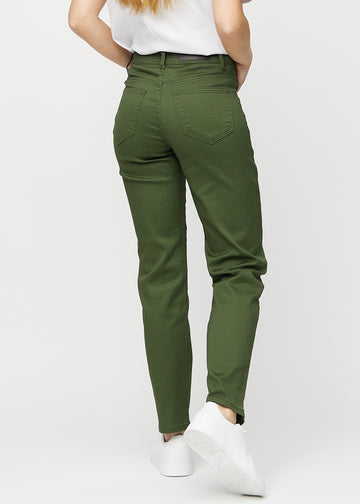 Regular jeans for women in dark green, color Renewals. Back view on a model, showing the full fit.