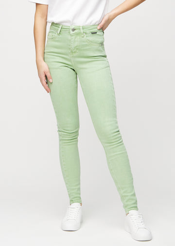 Skinny jeans for women in light green, color Mints. Front view on a model, showing the close fit through the legs.