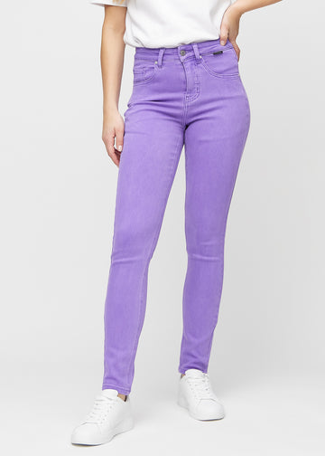 Purple slim jeans, model name Lavenders, which fits closely to the leg, though slightly looser at the ankle, seen from the front.