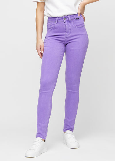Purple slim jeans, model name Lavenders, which fits closely to the leg, though slightly looser at the ankle, seen from the front.