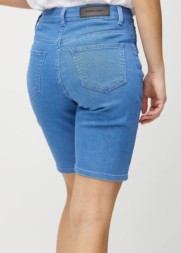 Blue regular middle shorts seen from the back up close to show details.