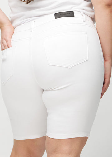 White skinny middle shorts seen from the back close up on a plus-size model to show details.