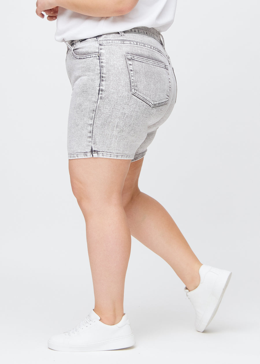 Light grey denim skinny short shorts seen from the side on a plus-size model.
