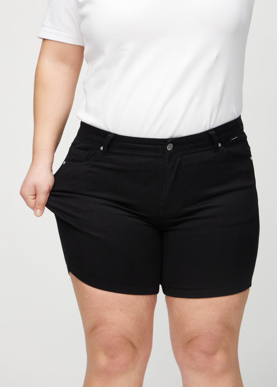 The plus-size model stretches the shorts at the thigh to show the stretch.