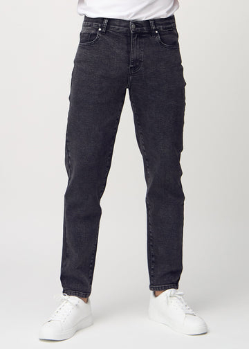 Dark grey denim regular jeans, model name Shadows, with a straight leg, viewed from the front.