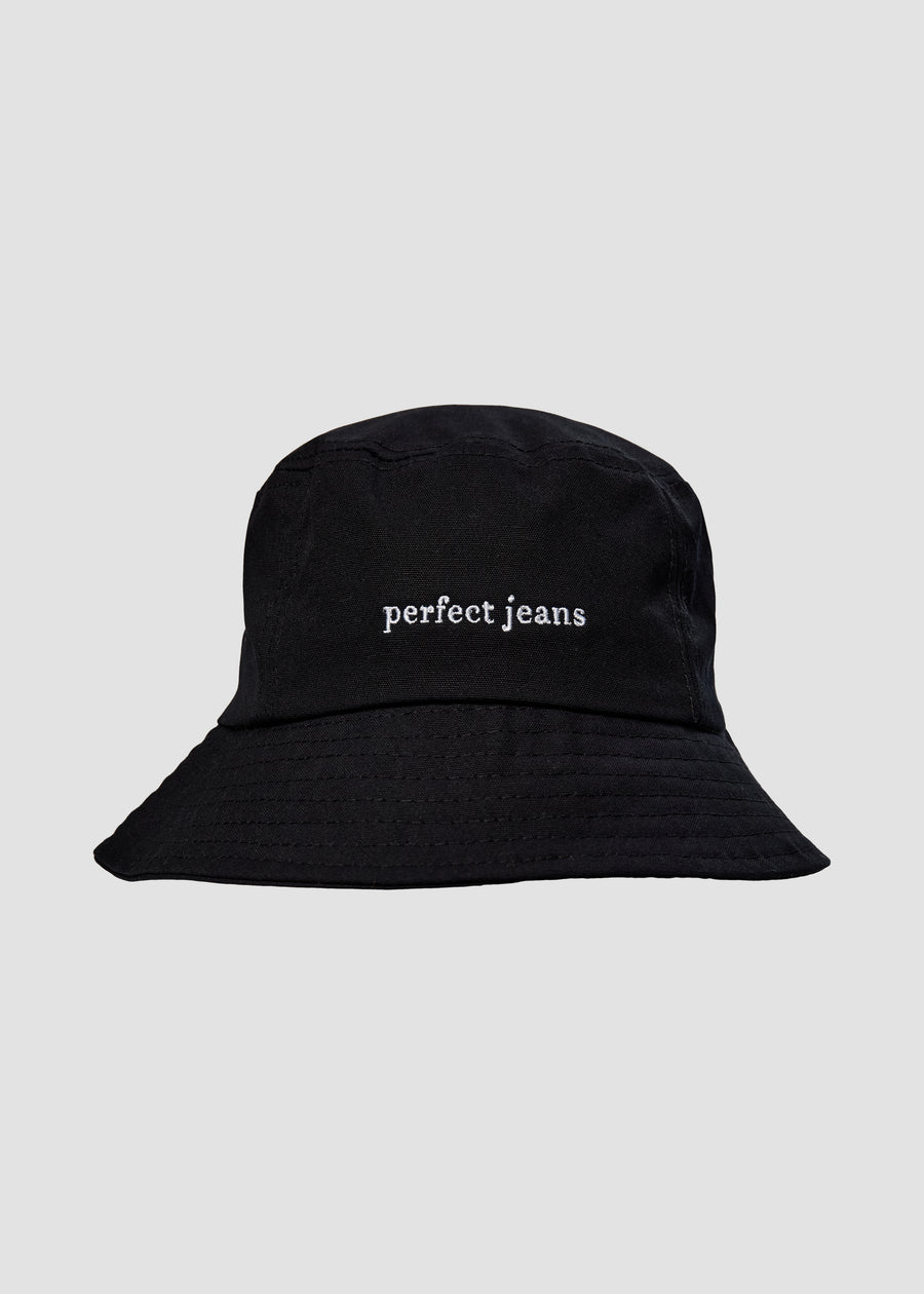 Black bucket hat by Perfect Jeans with a white logo on the front.