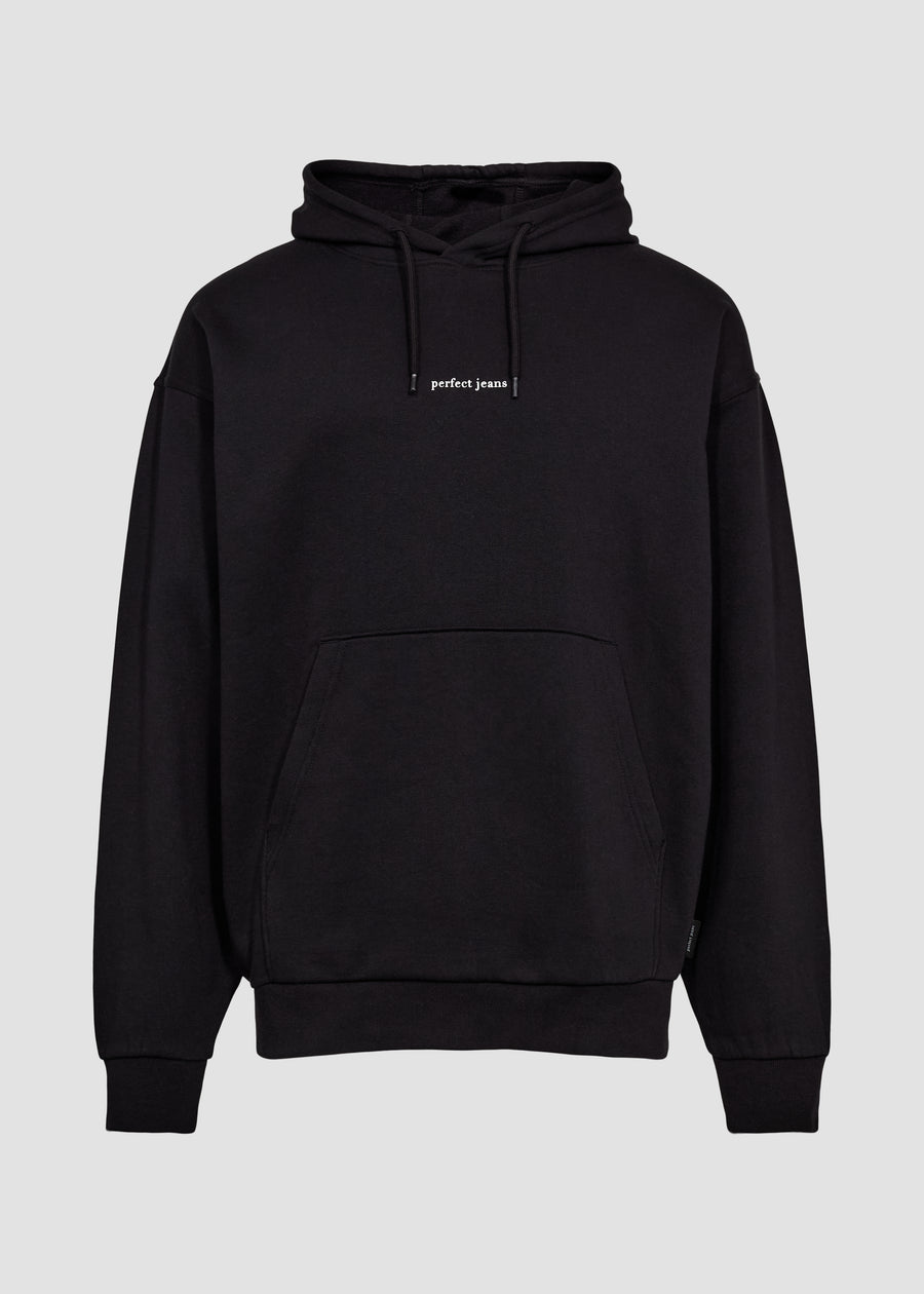 Black unisex hoodie by Perfect Jeans with a white logo centred on the chest, front view.